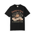Black crewneck T-shirt with 'Powered by Coffee' coffee graphic and 'Army Wife Life' text