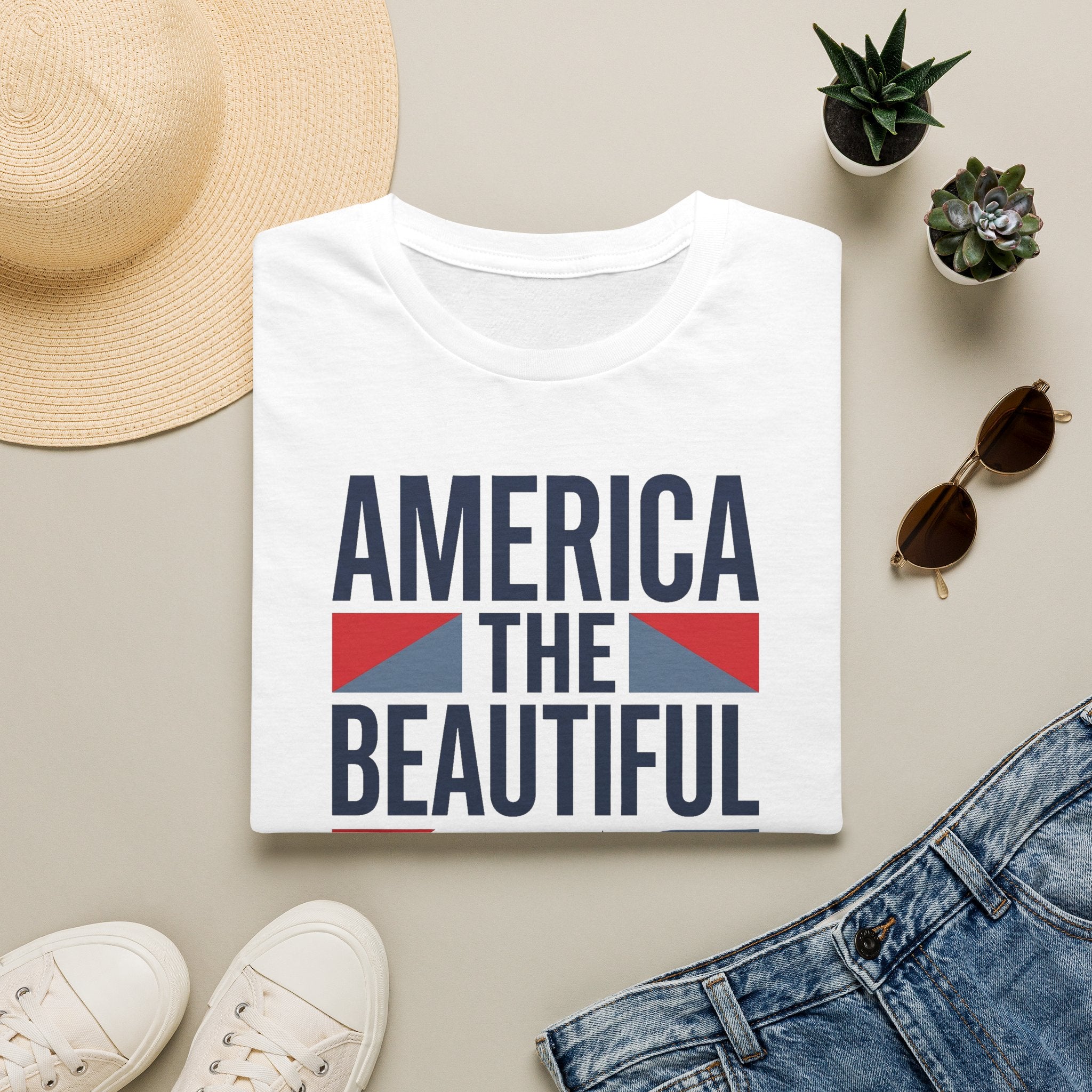 White T-shirt with “America the Beautiful” patriotic graphic on front