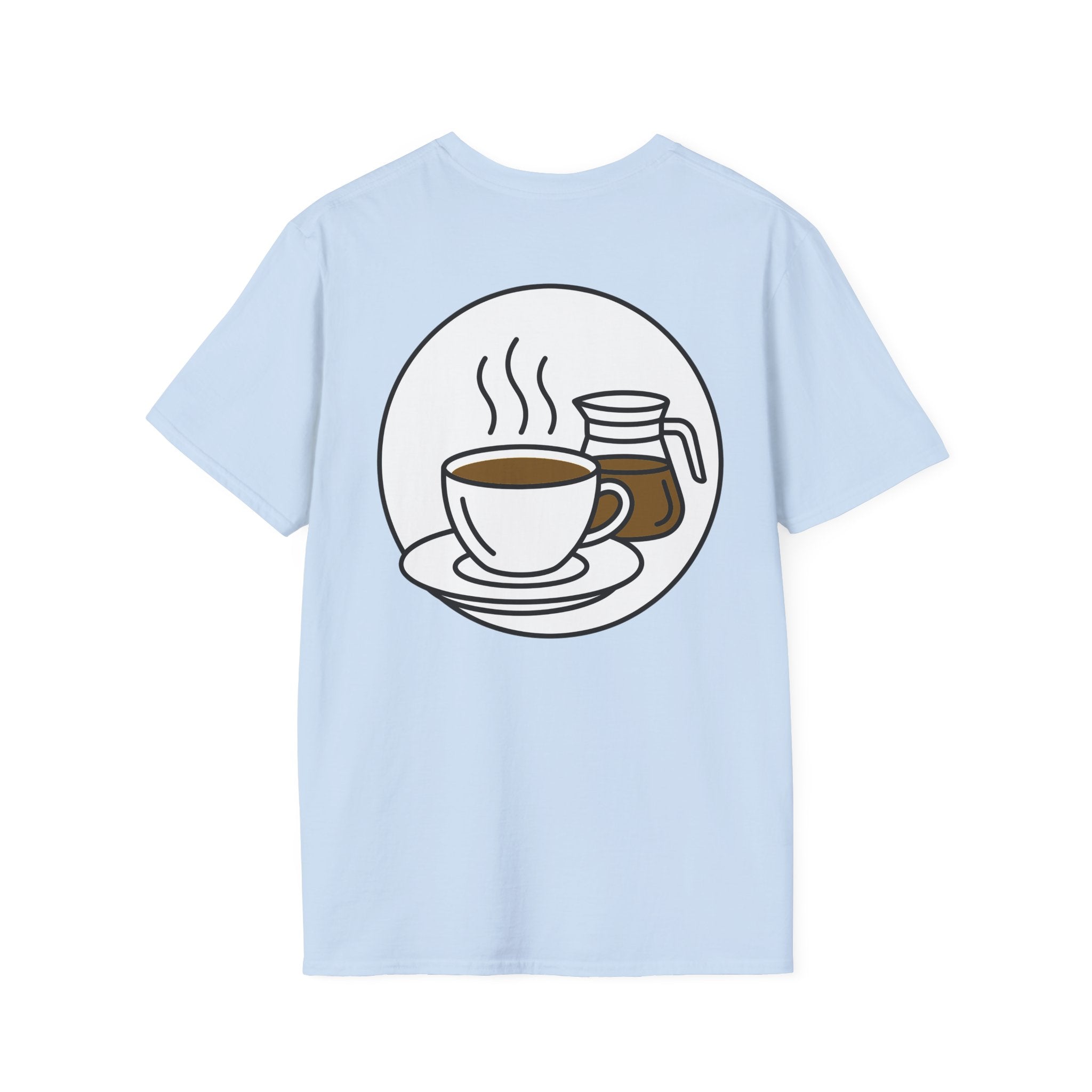 Light blue crew-neck T-shirt with coffee cup and jar graphic