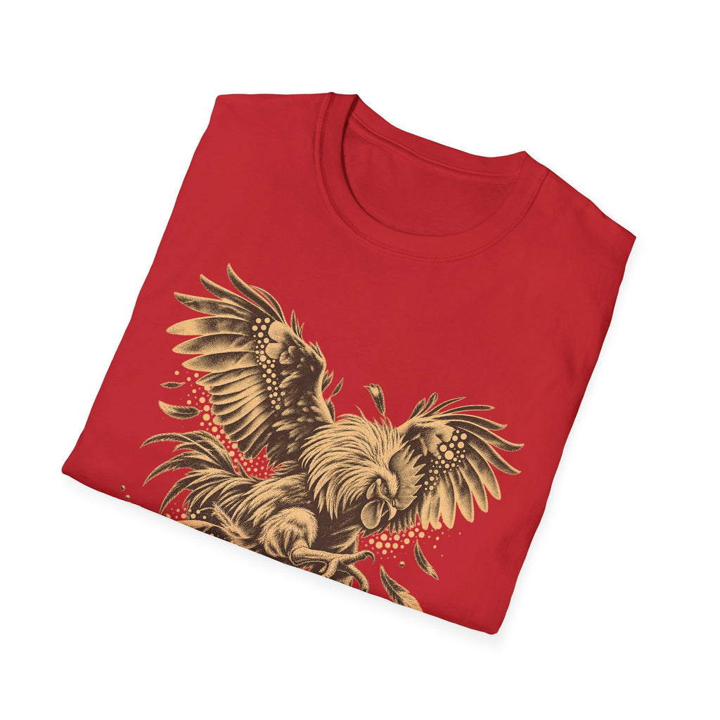 Red T-shirt with gold eagle wings graphic across the chest.