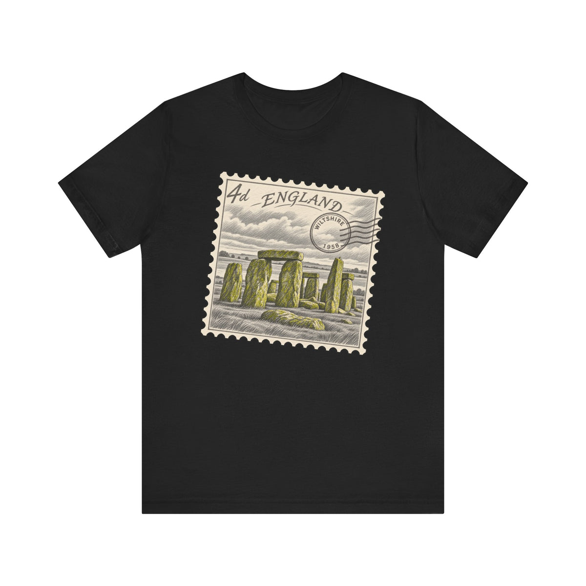 Black T-shirt with England postage stamp graphic on the front