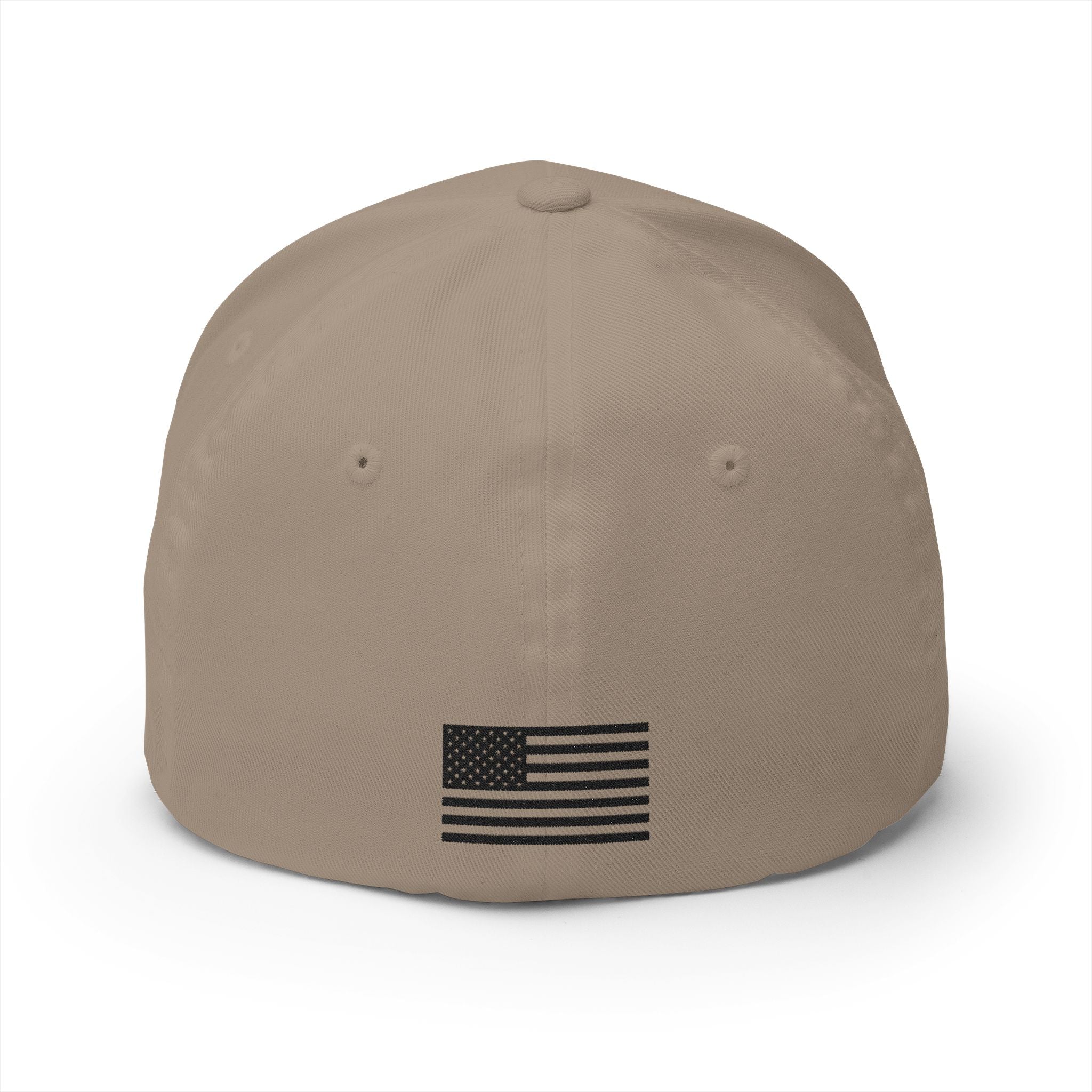 Khaki embroidered baseball cap with American flag emblem on front