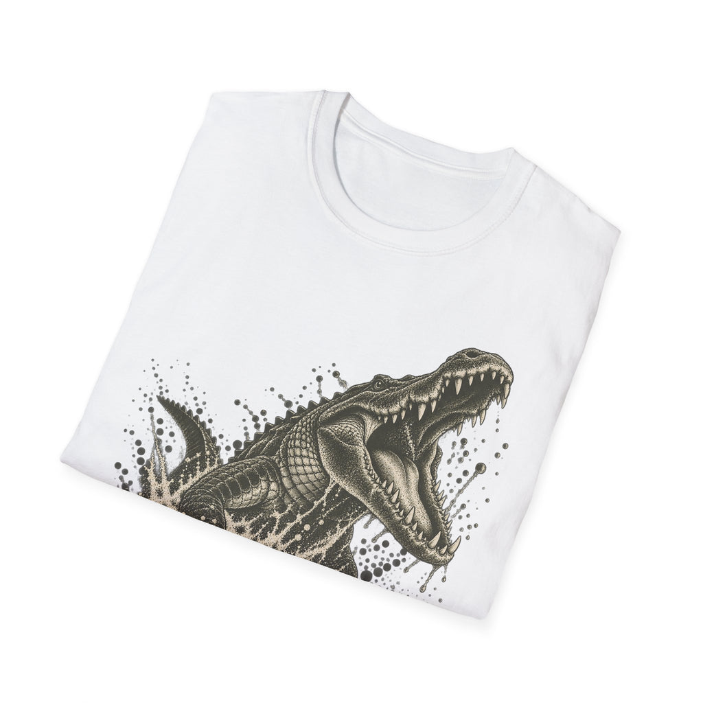 White crewneck T-shirt with lunging alligator graphic on front