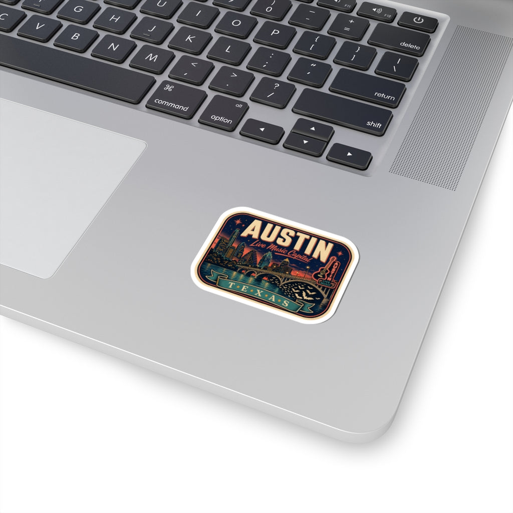 Luggage tag sticker with Austin graphic and dark blue border, rounded white edges