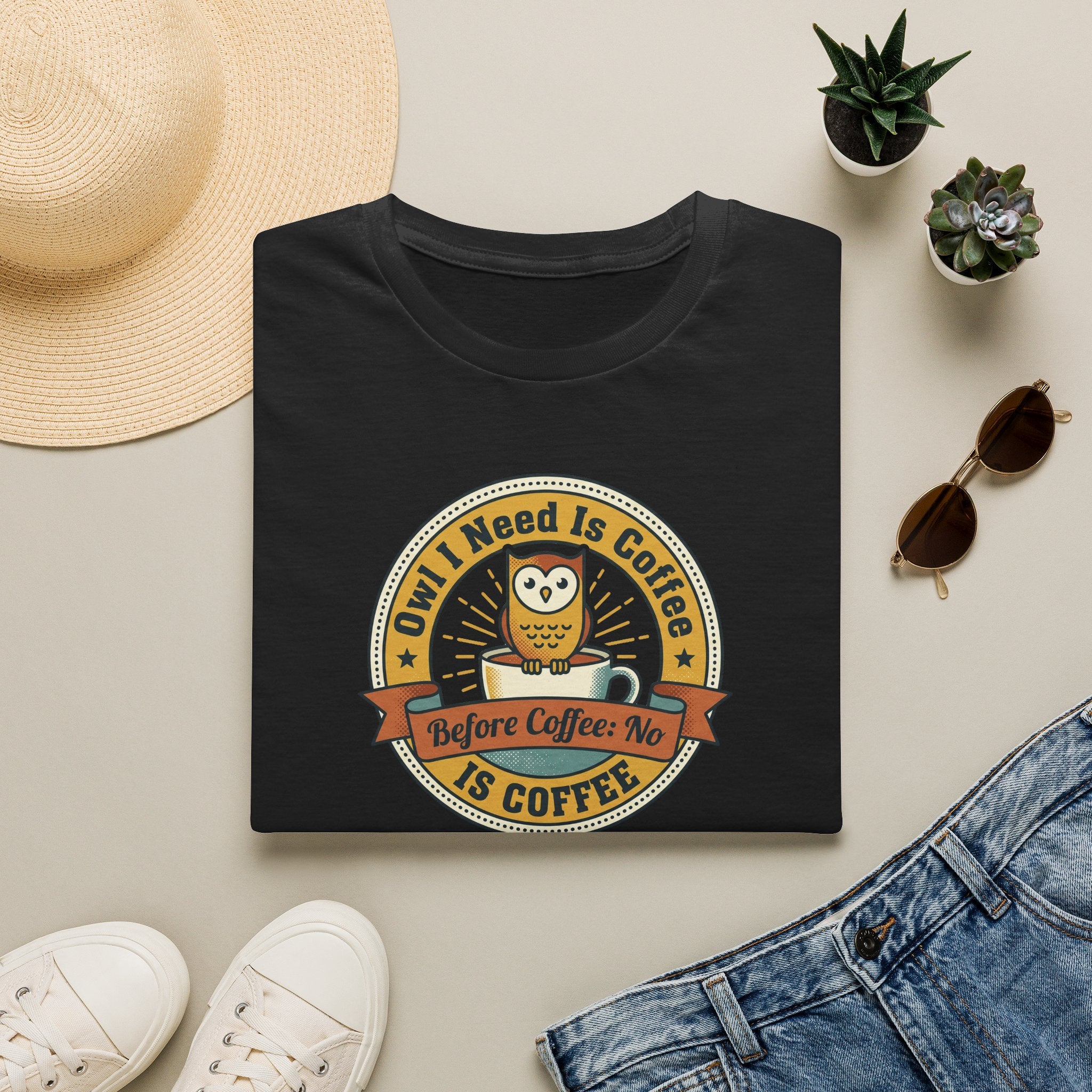 Black T-shirt with circular owl coffee graphic on front