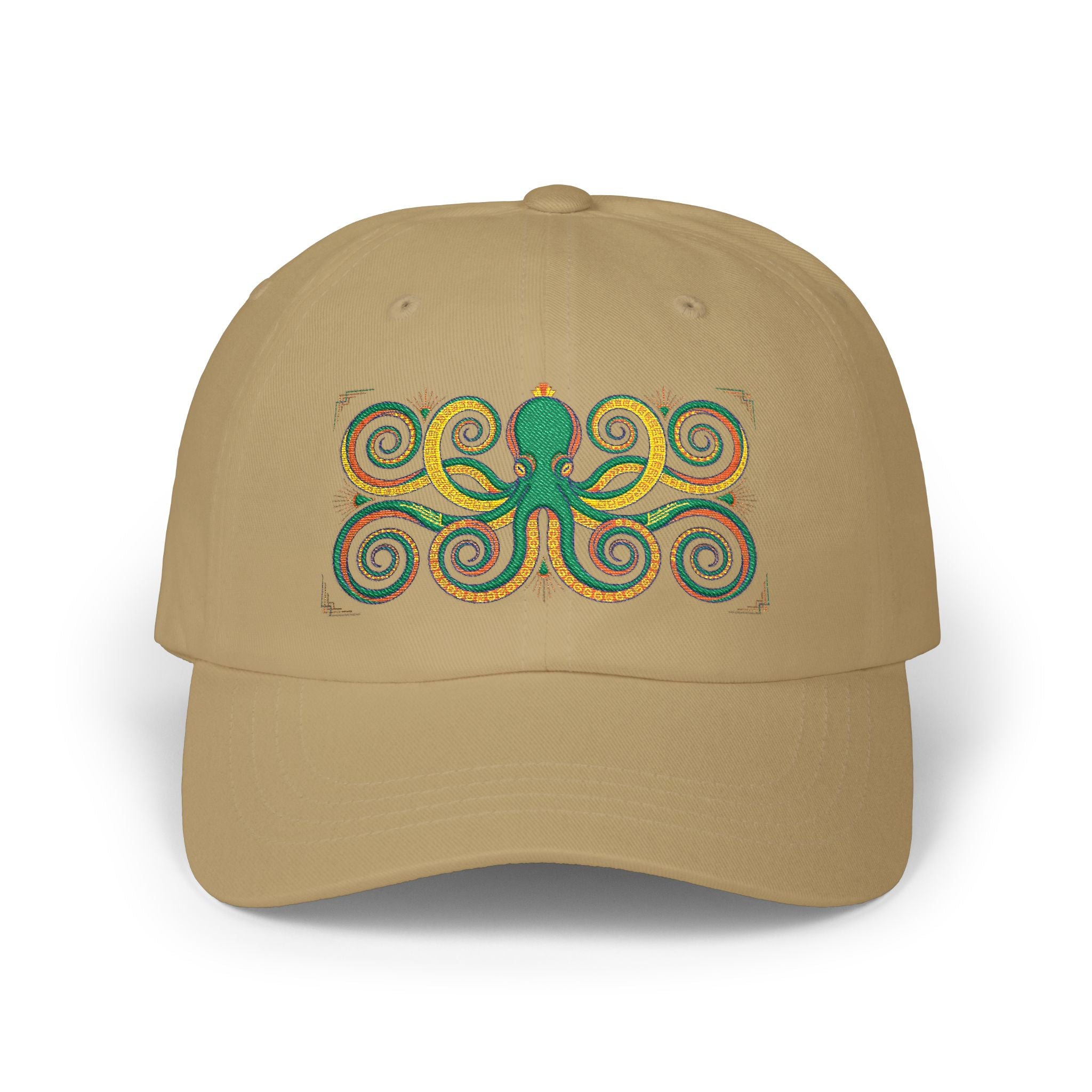 Beige dad cap with multicolor octopus swirl embroidery on the front panel