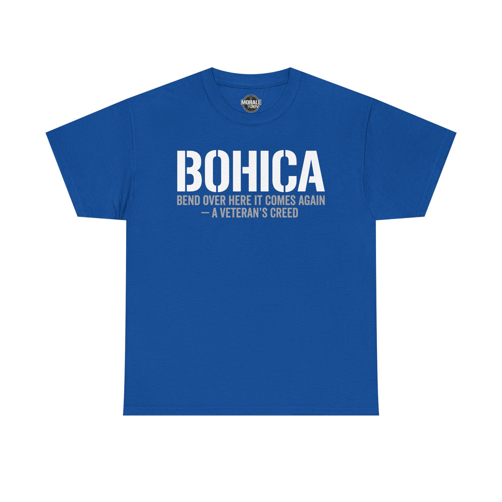 Royal blue BOHICA graphic T-shirt with large BOHICA and creed text front print