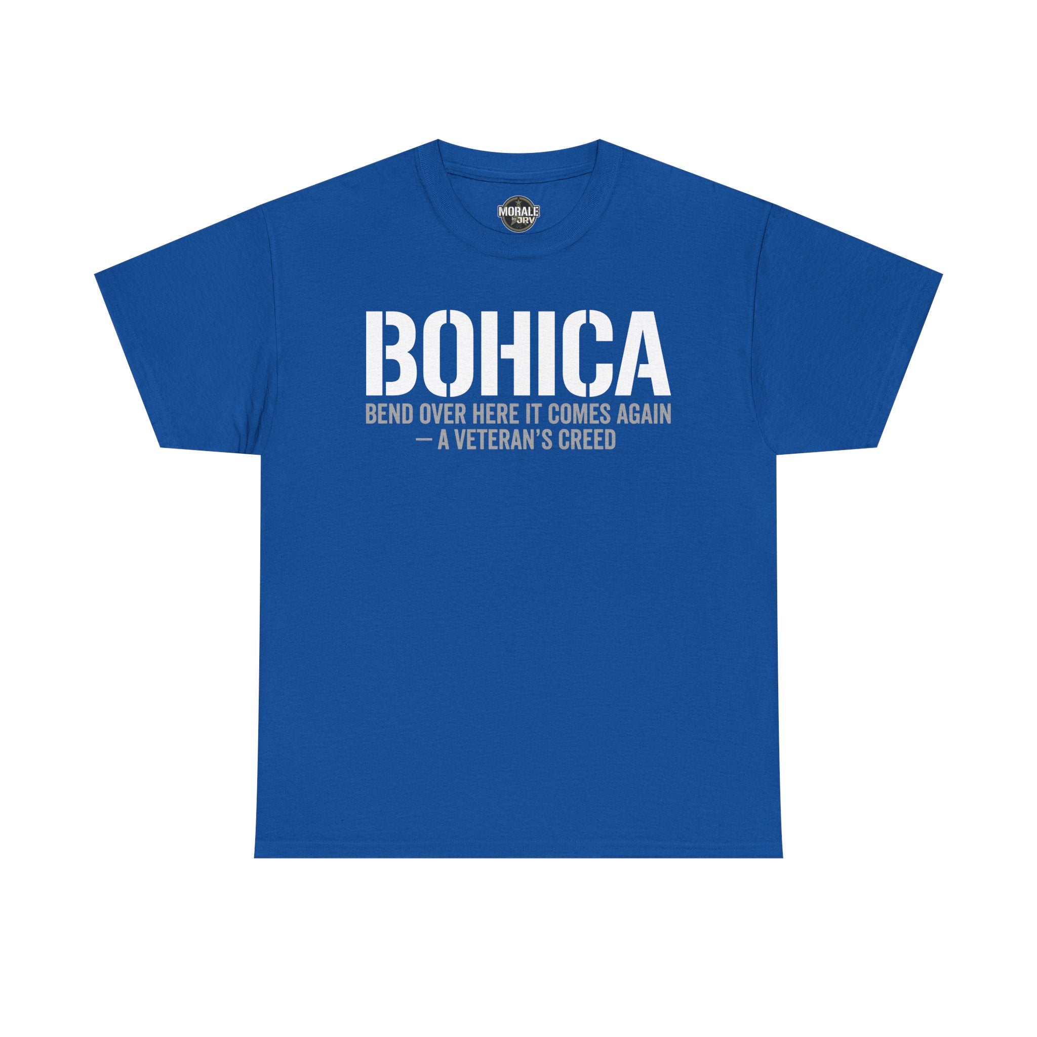 Royal blue BOHICA graphic T-shirt with large BOHICA and creed text front print