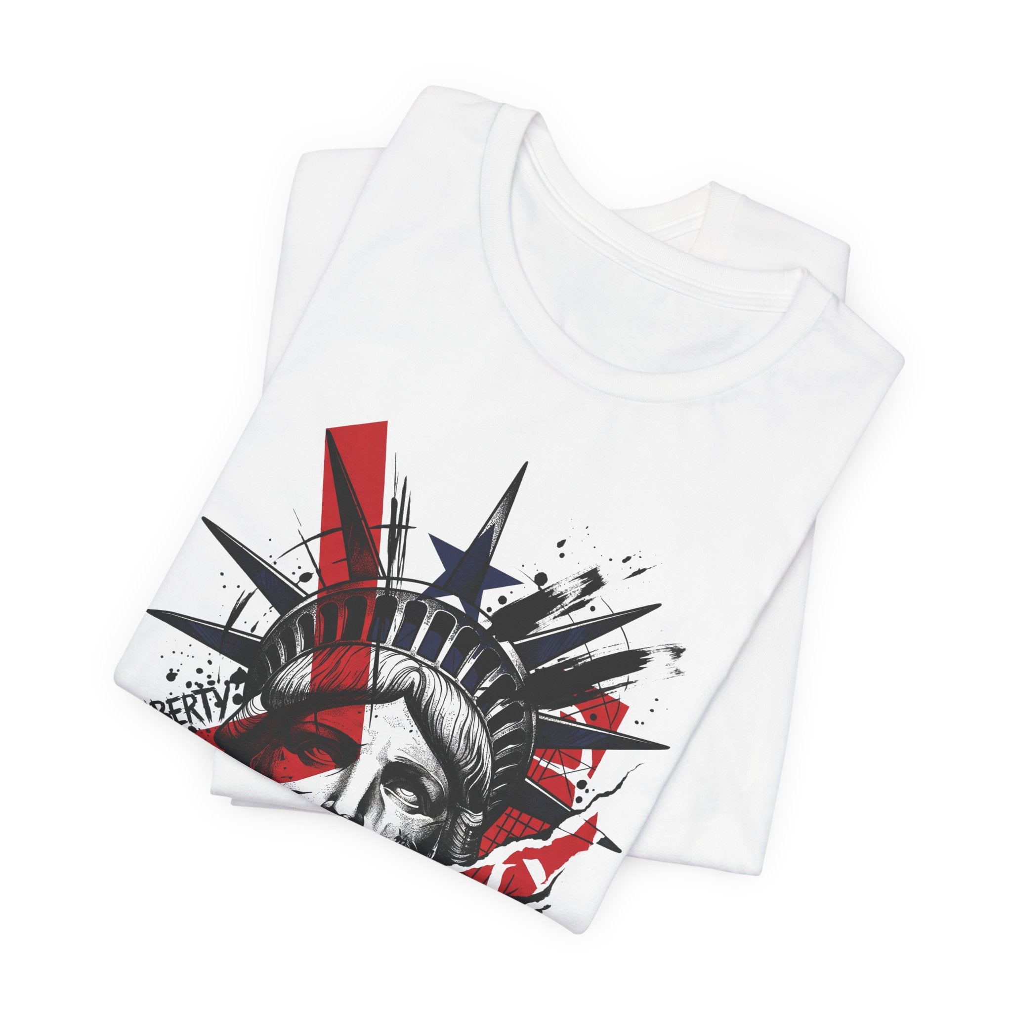 White graphic T-shirt with Statue of Liberty head illustration in red and black