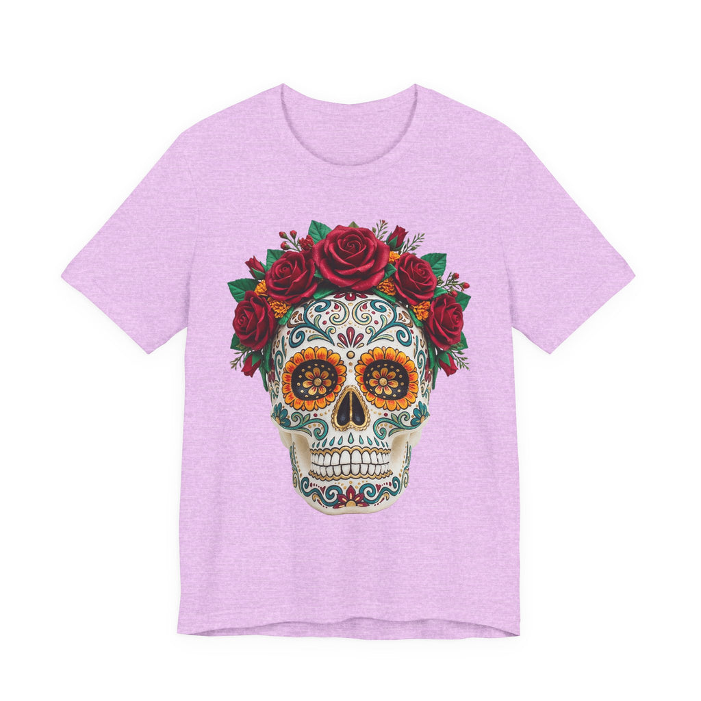 Heather prism lilac T-shirt with sugar skull and red rose crown graphic