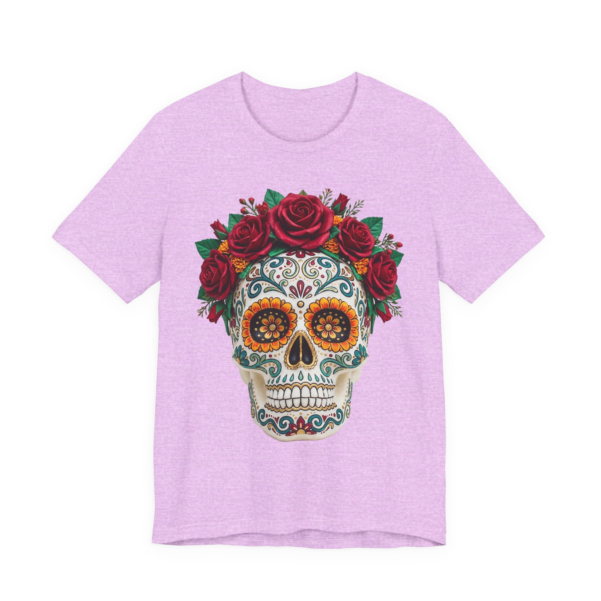 Heather prism lilac T-shirt with sugar skull and red rose crown graphic