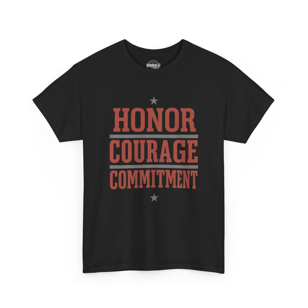 Black unisex T-shirt with red “HONOR COURAGE COMMITMENT” text graphic and stars.