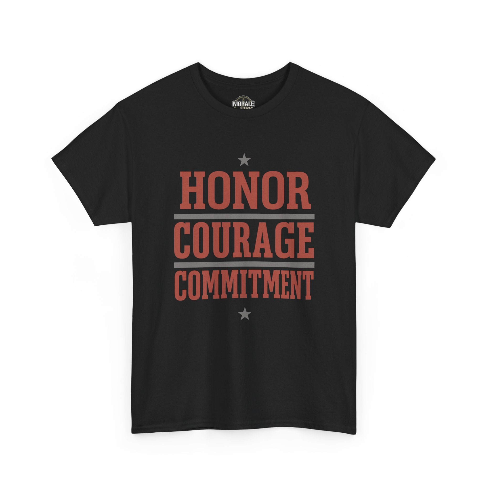 Black unisex T-shirt with red “HONOR COURAGE COMMITMENT” text graphic and stars.
