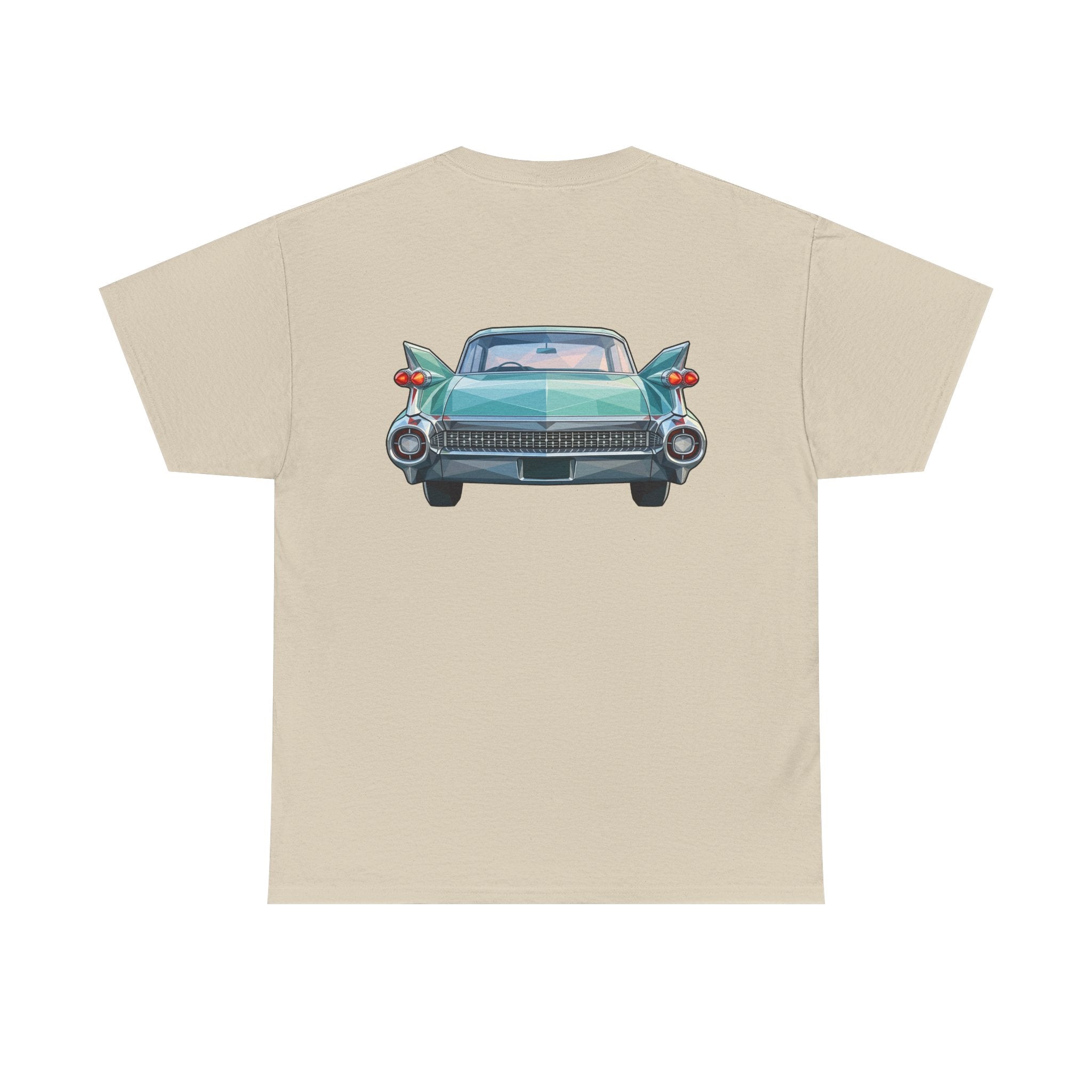 Sand crewneck T-shirt with centered teal classic car graphic on the chest