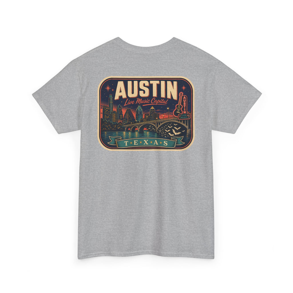 Heather gray T-shirt with retro Austin Texas skyline badge graphic on front
