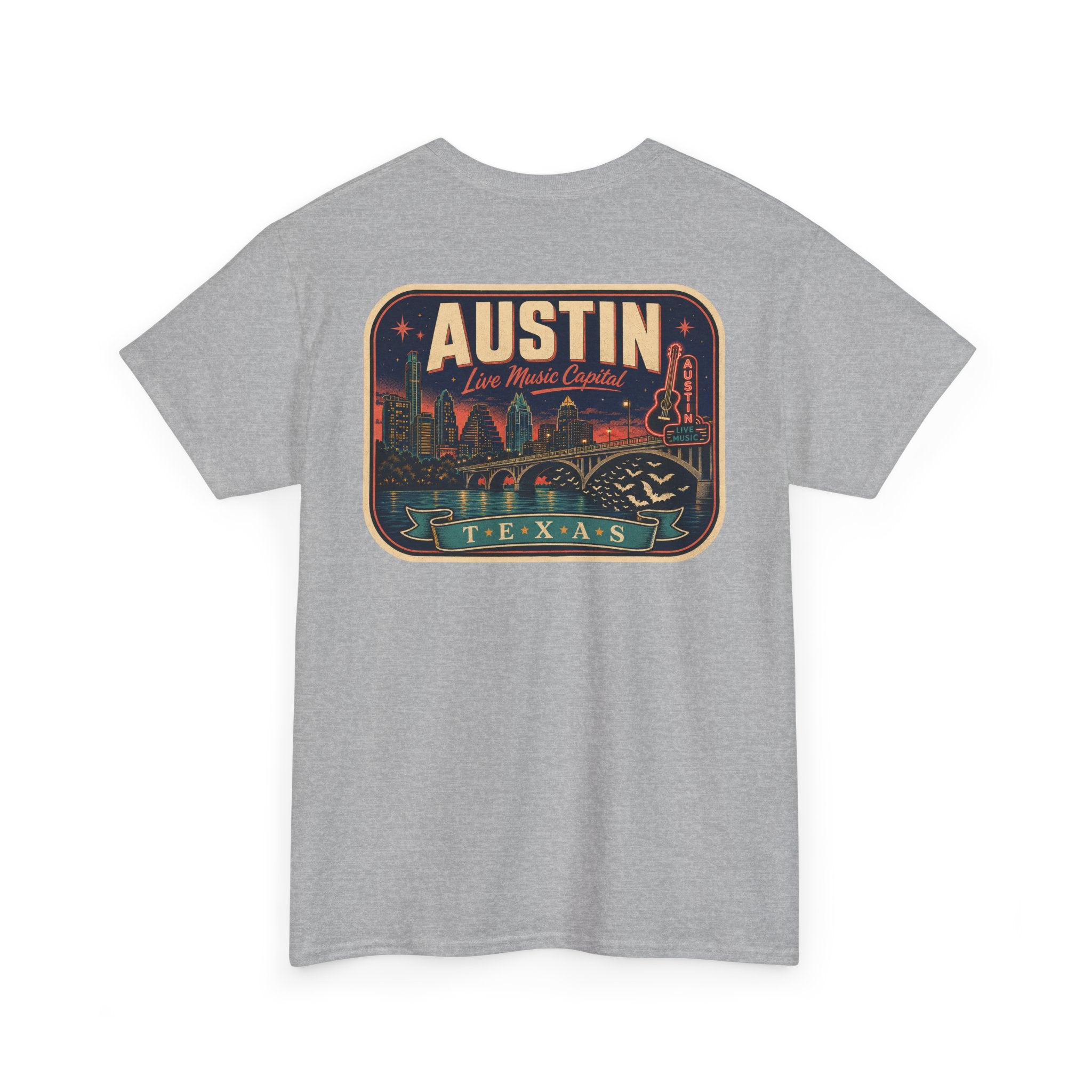 Heather gray T-shirt with retro Austin Texas skyline badge graphic on front