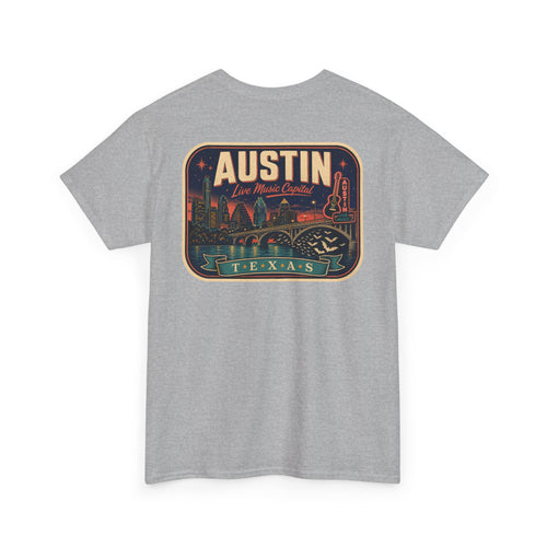 Heather gray T-shirt with retro Austin Texas skyline badge graphic on front