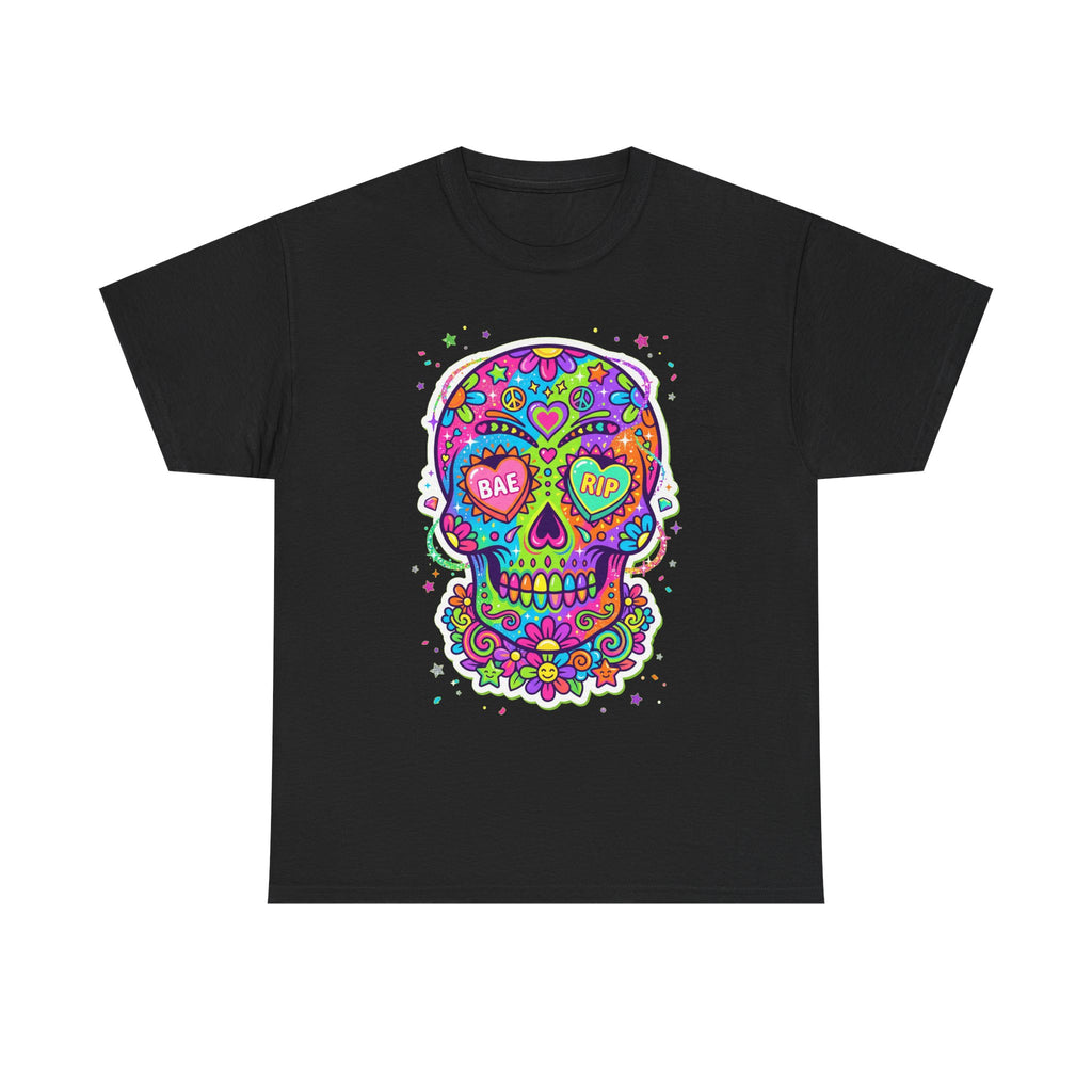 Black crewneck T-shirt with colorful sugar skull graphic and floral border, short sleeves.