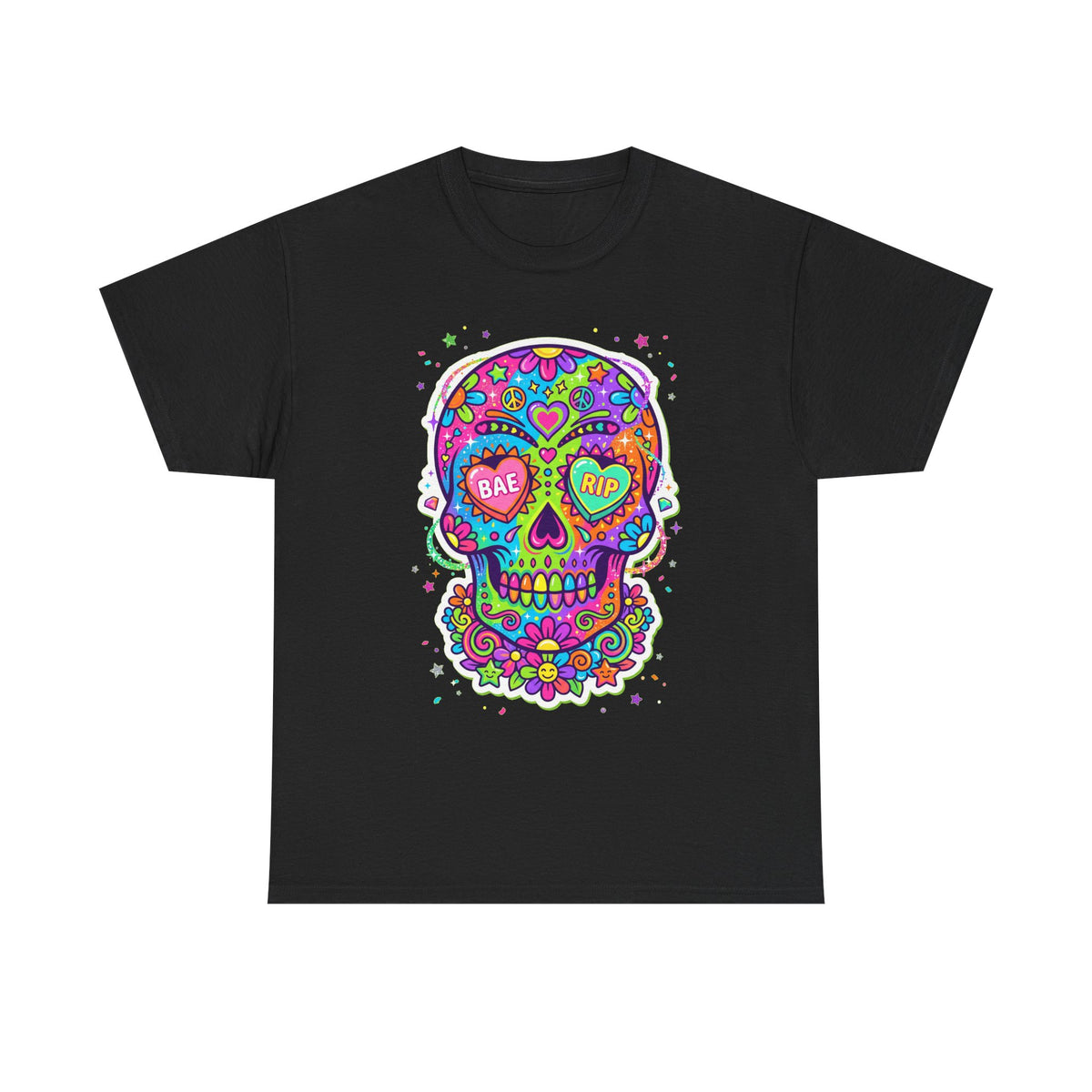 Black crewneck T-shirt with colorful sugar skull graphic and floral border, short sleeves.