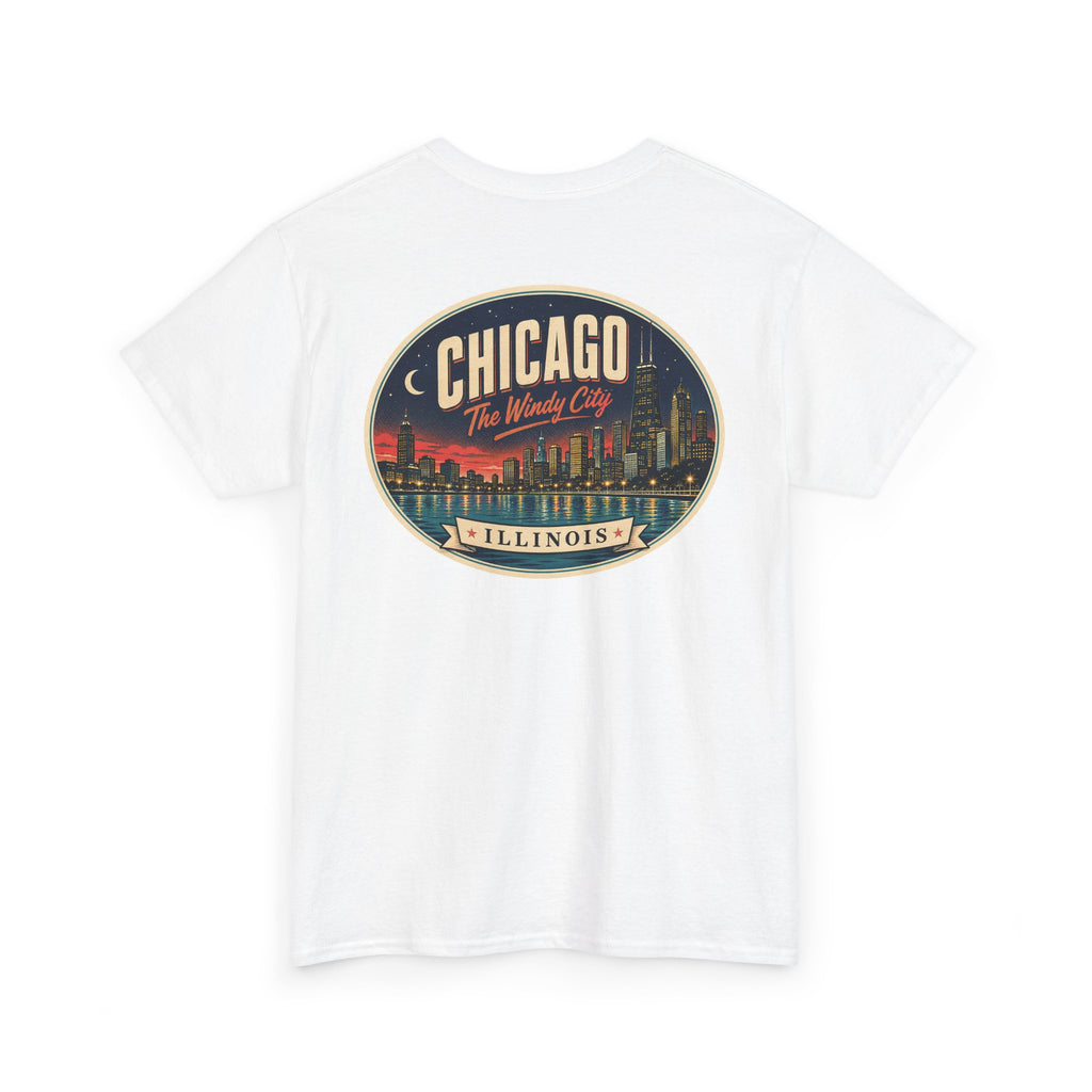 White crew-neck T-shirt with large round Chicago city badge graphic