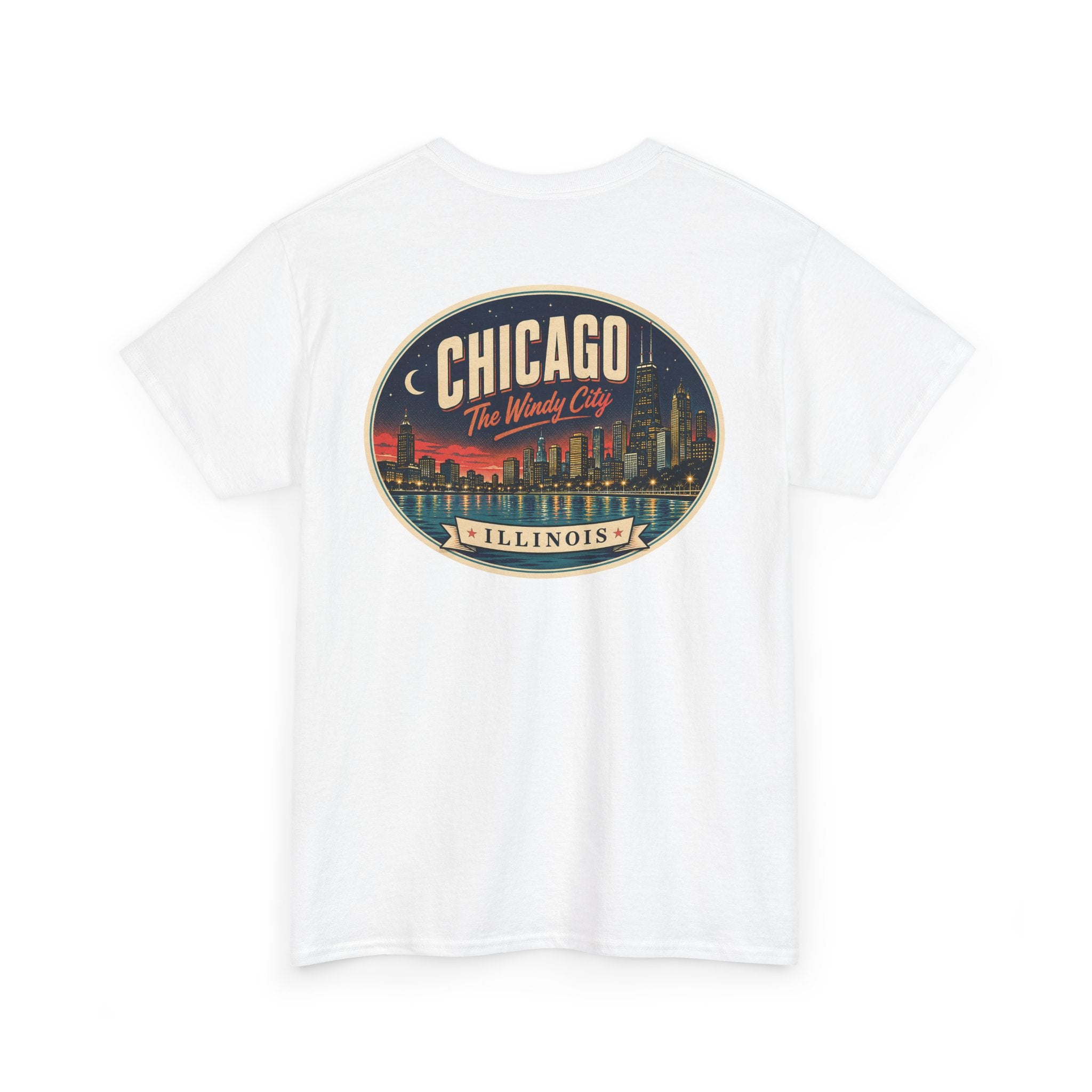 White crew-neck T-shirt with large round Chicago city badge graphic