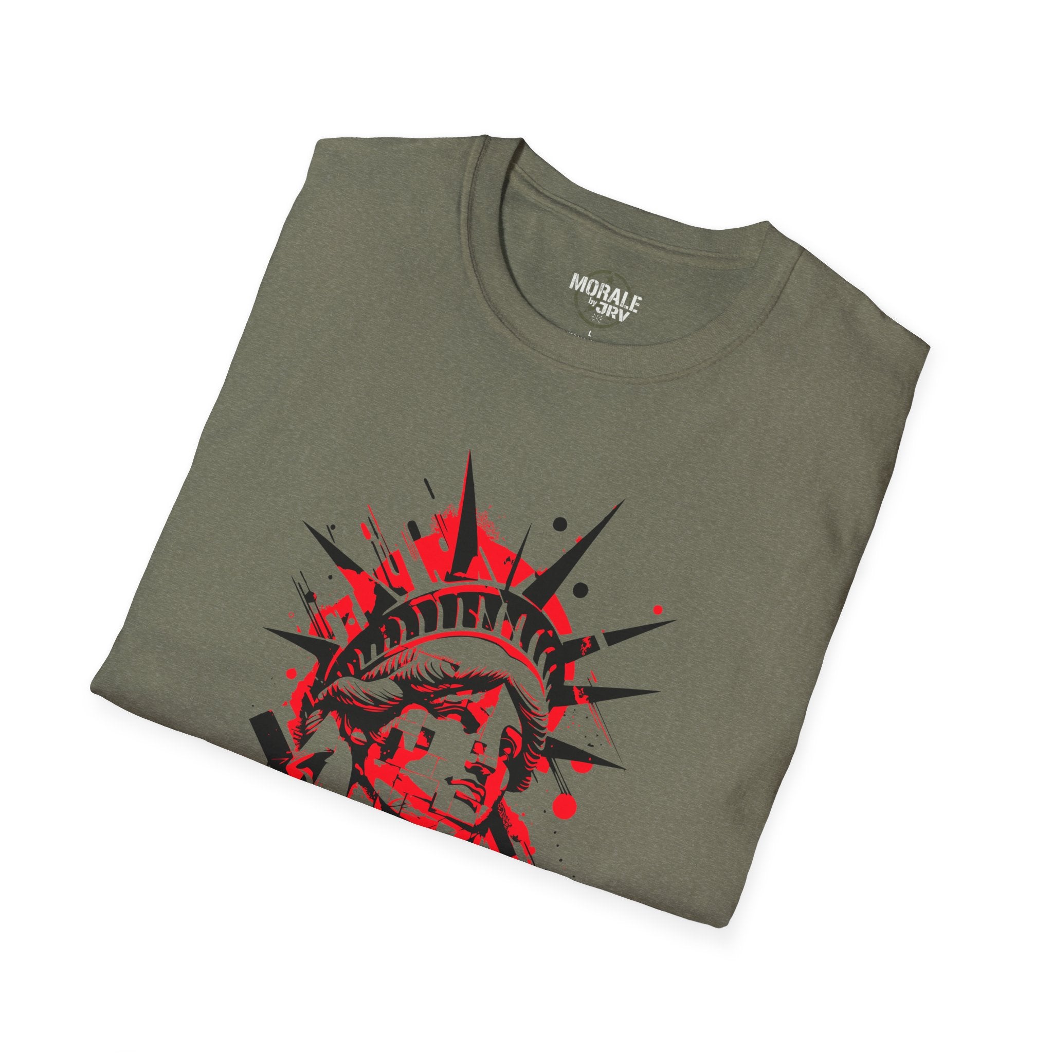 Military green Liberty Statue graphic tee with red and black front artwork