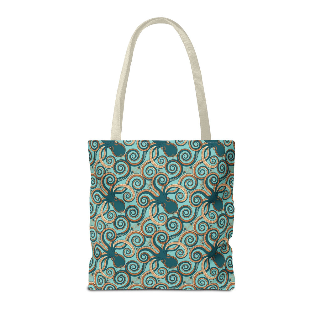 Teal octopus swirl tote bag with rope handles, front view.