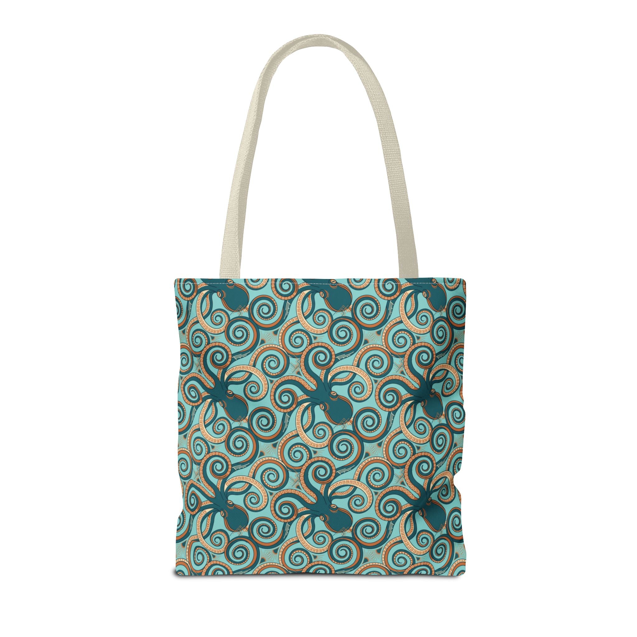 Teal octopus swirl tote bag with rope handles, front view.