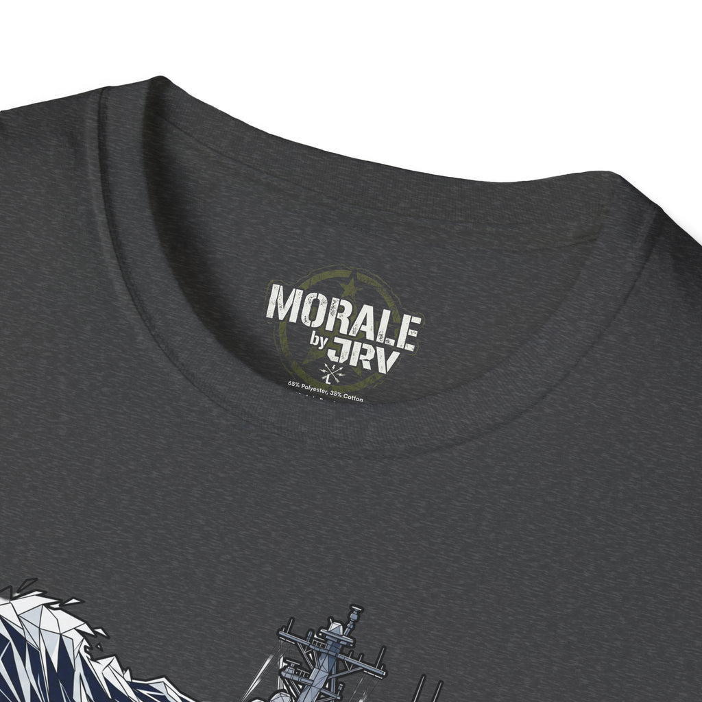 Charcoal T-shirt logo at back neckline with partial ship graphic
