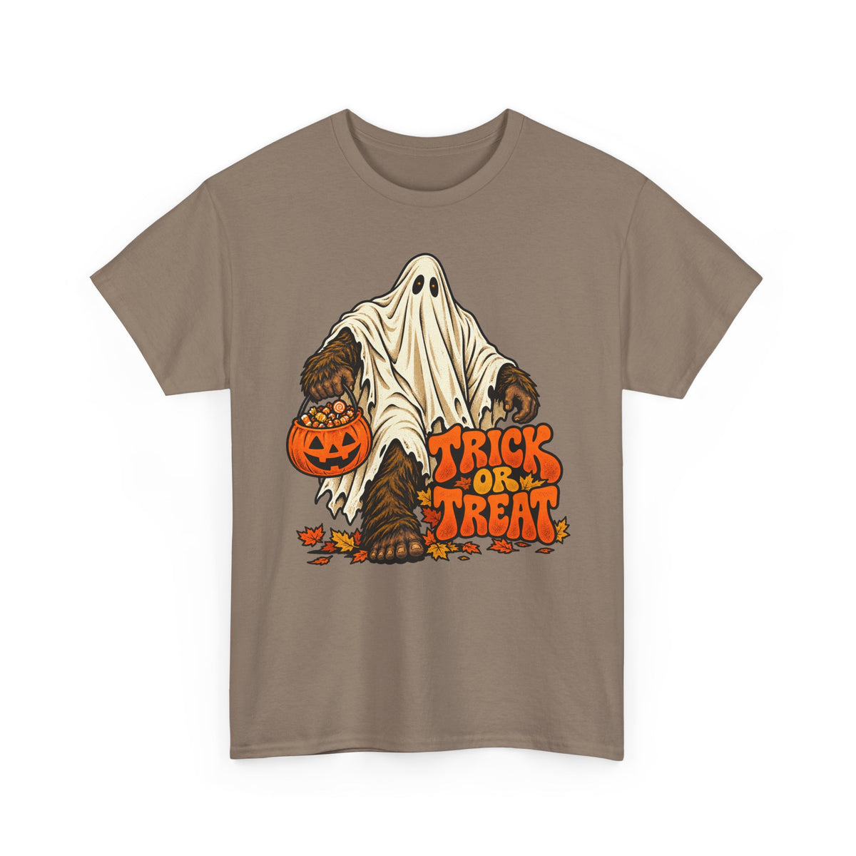Beige/taupe crew neck T-shirt with Bigfoot ghost holding a jack-o’-lantern, “Tricks or Treats”