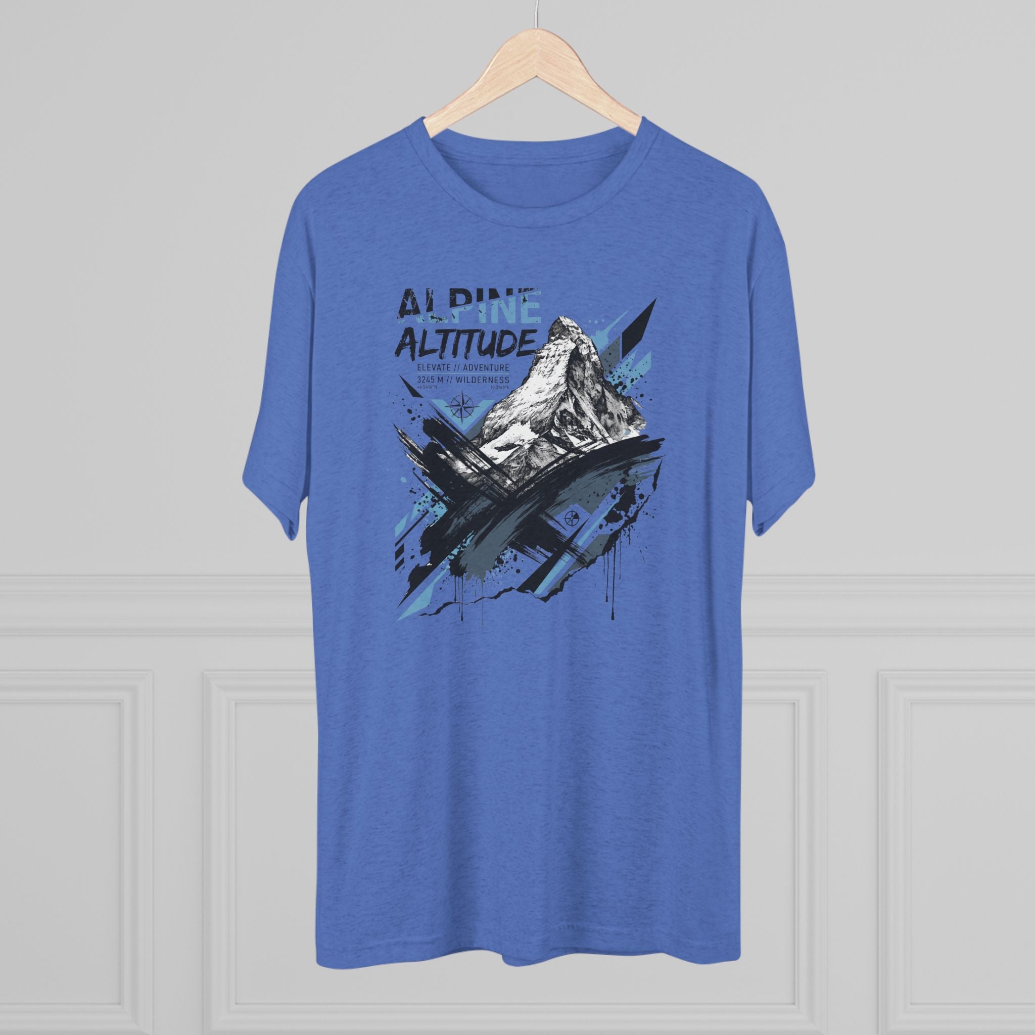 Unisex blue T-shirt with mountain peak graphic, crew neck, short sleeves