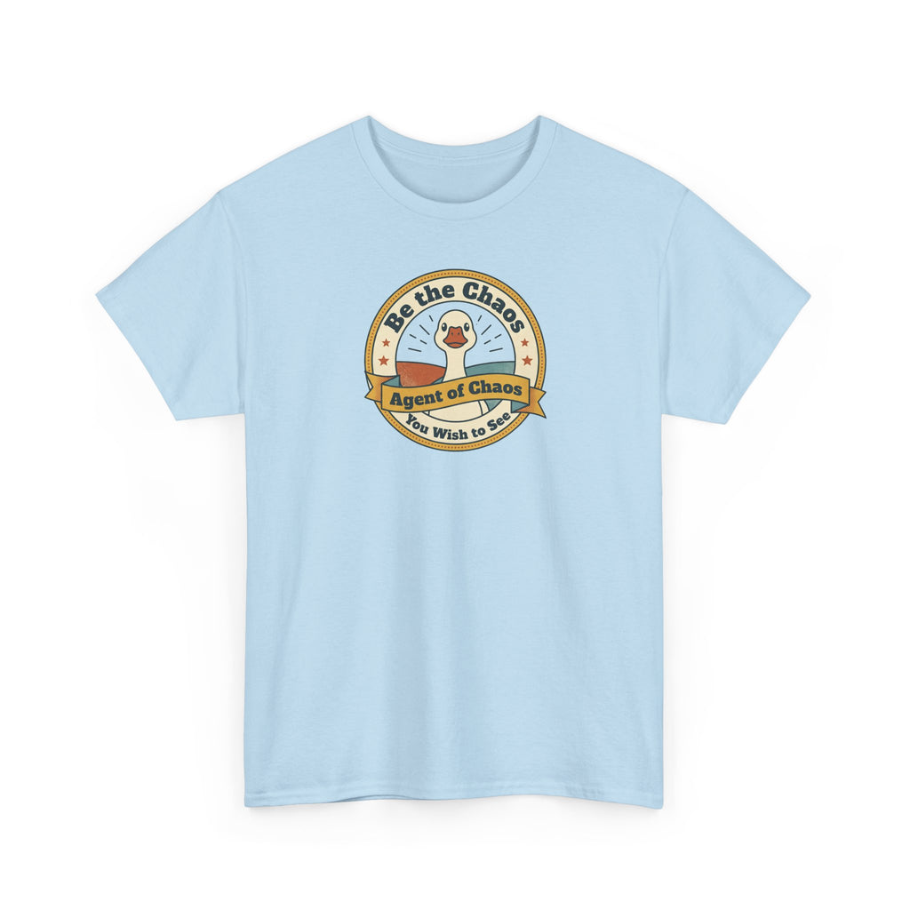 Light blue T-shirt with round duck emblem graphic on the front.
