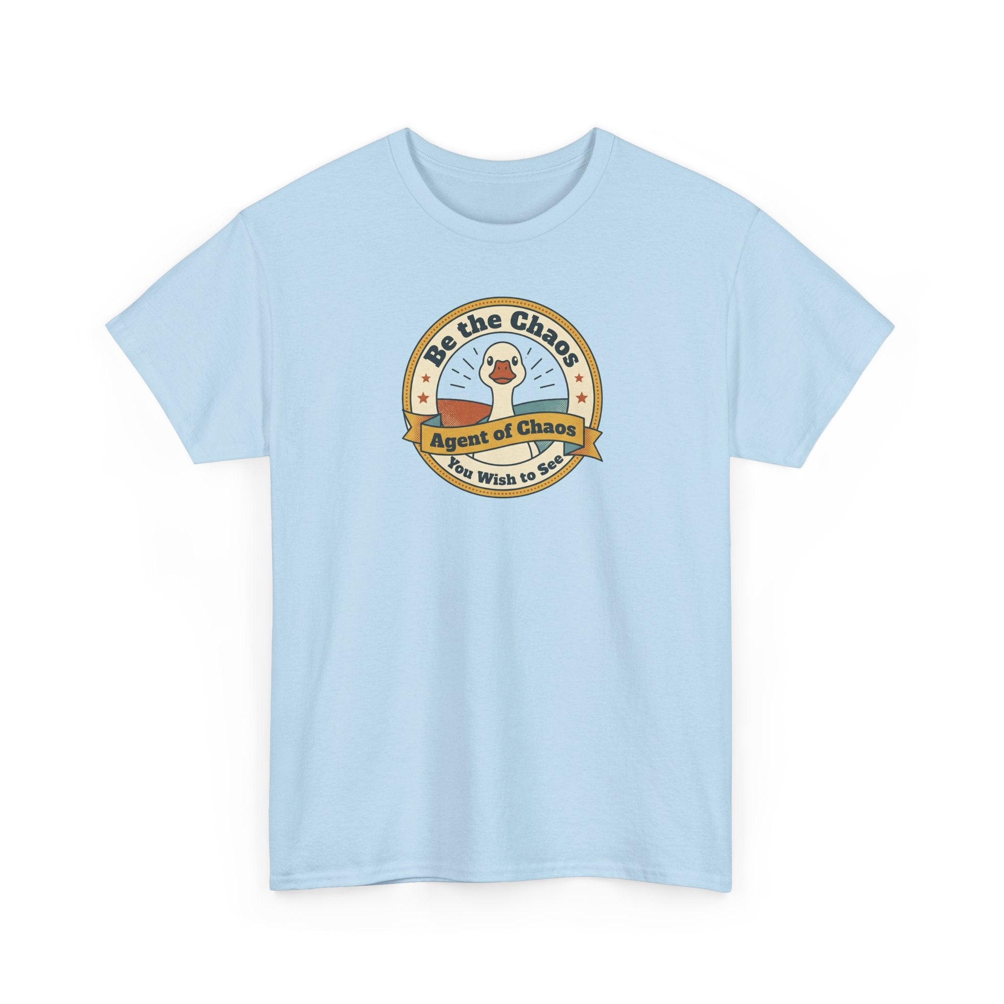 Light blue T-shirt with round duck emblem graphic on the front.
