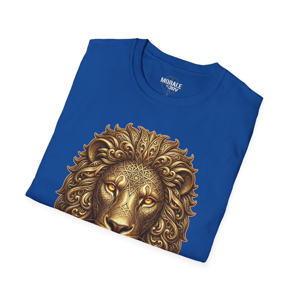 Royal blue t-shirt with ornate golden lion head front graphic