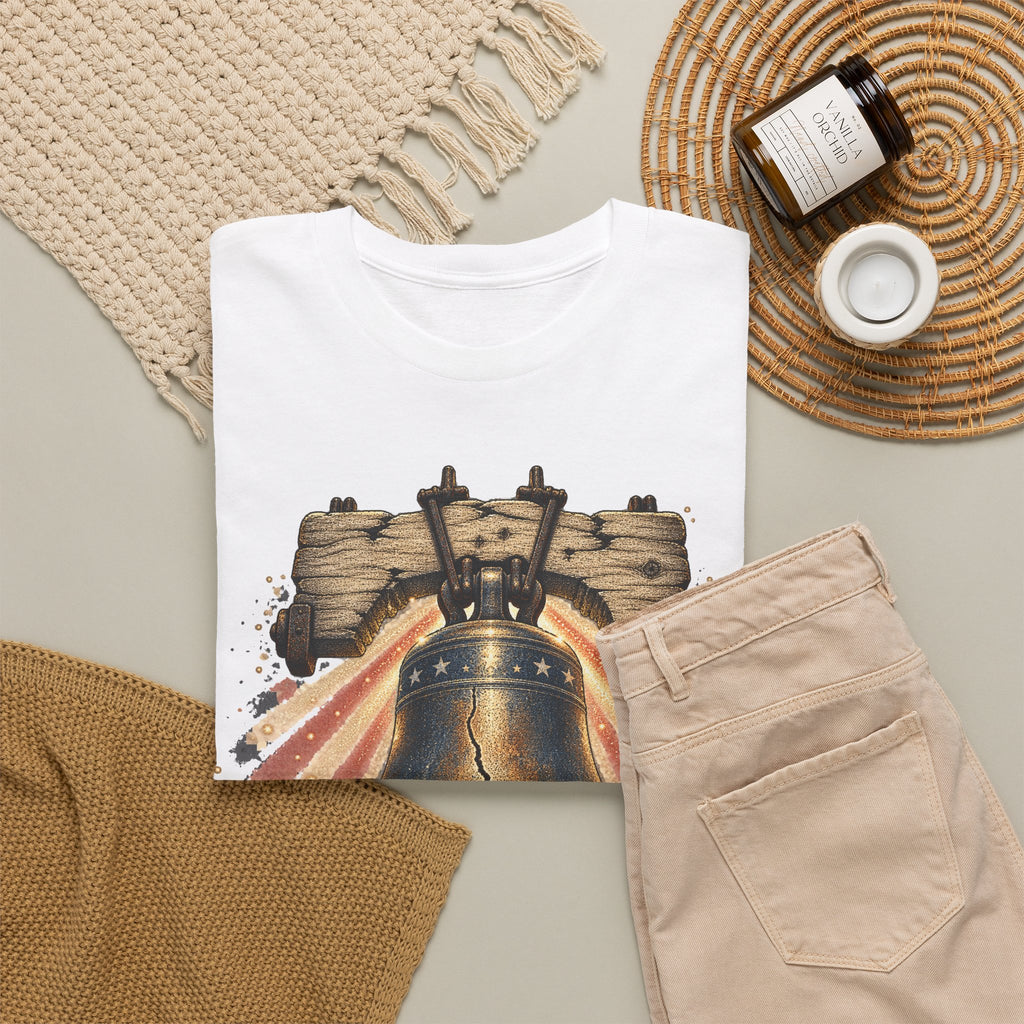 White t-shirt with Liberty Bell and patriotic banner graphic