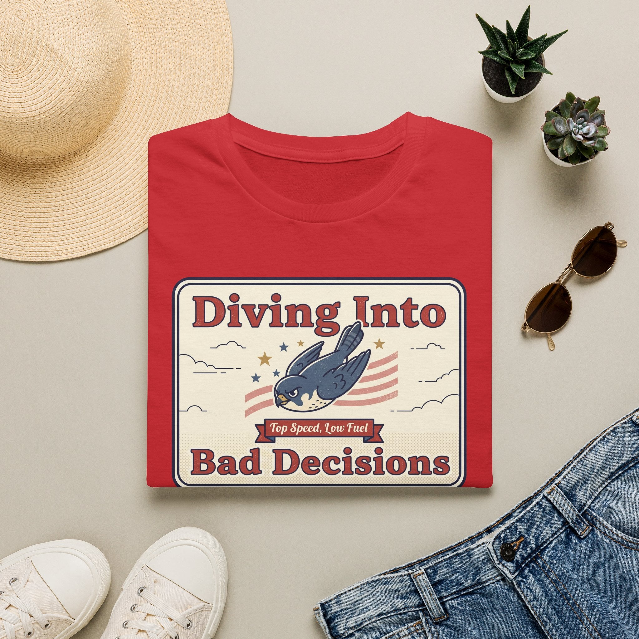 Red T-shirt with retro shark graphic and "Diving Into Bad Decisions" text.