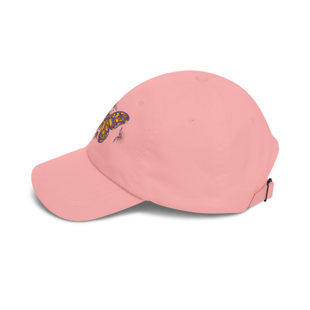 Pink baseball cap with embroidered moth on side and curved brim