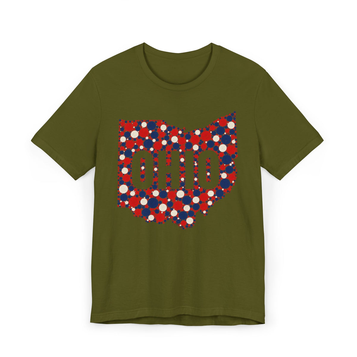 Olive green T-shirt with dotted polka graphic OHIO in red, white, and blue