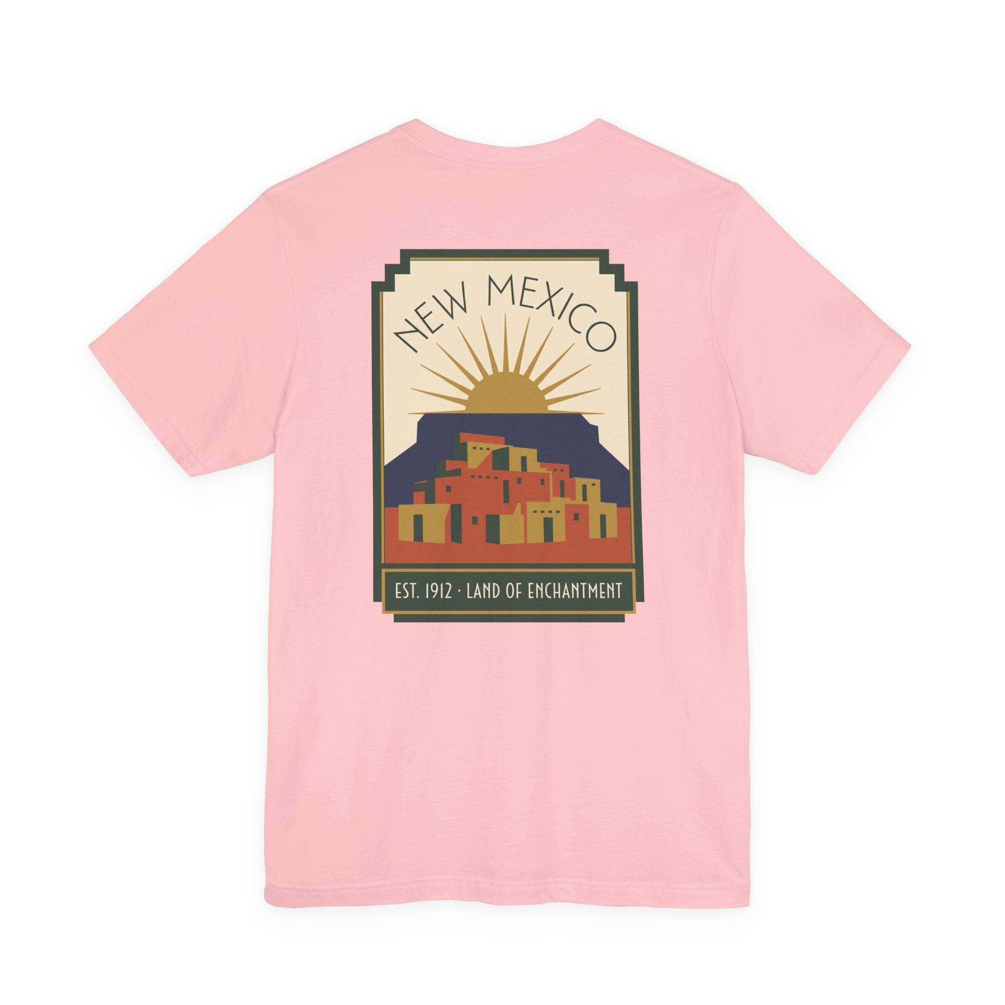 Pink T-shirt with New Mexico sunset Pueblo art graphic in a square frame