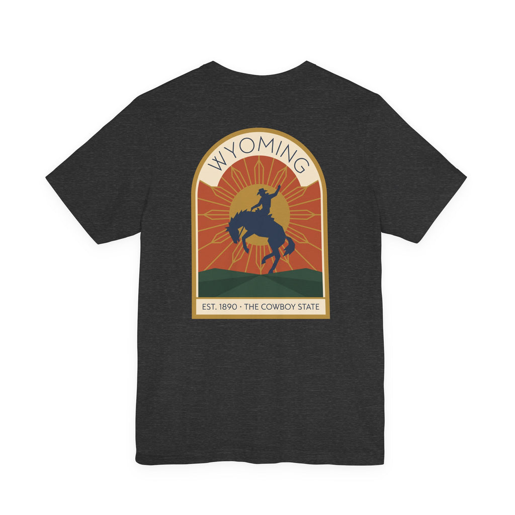 Charcoal heather T-shirt with Wyoming rodeo bucking bronco graphic on front