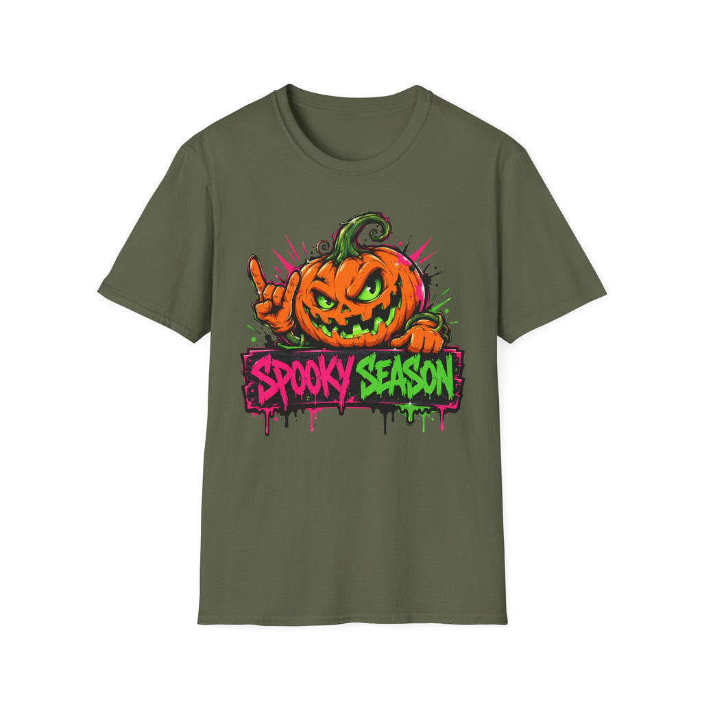 Olive green pumpkin jack-o-lantern graphic T-shirt with Spooky Season text