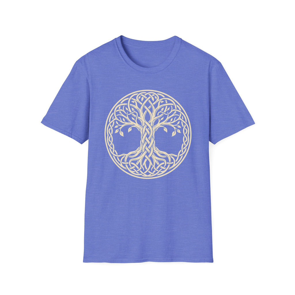 Periwinkle blue T-shirt with light gold Celtic tree of life knotwork circle graphic