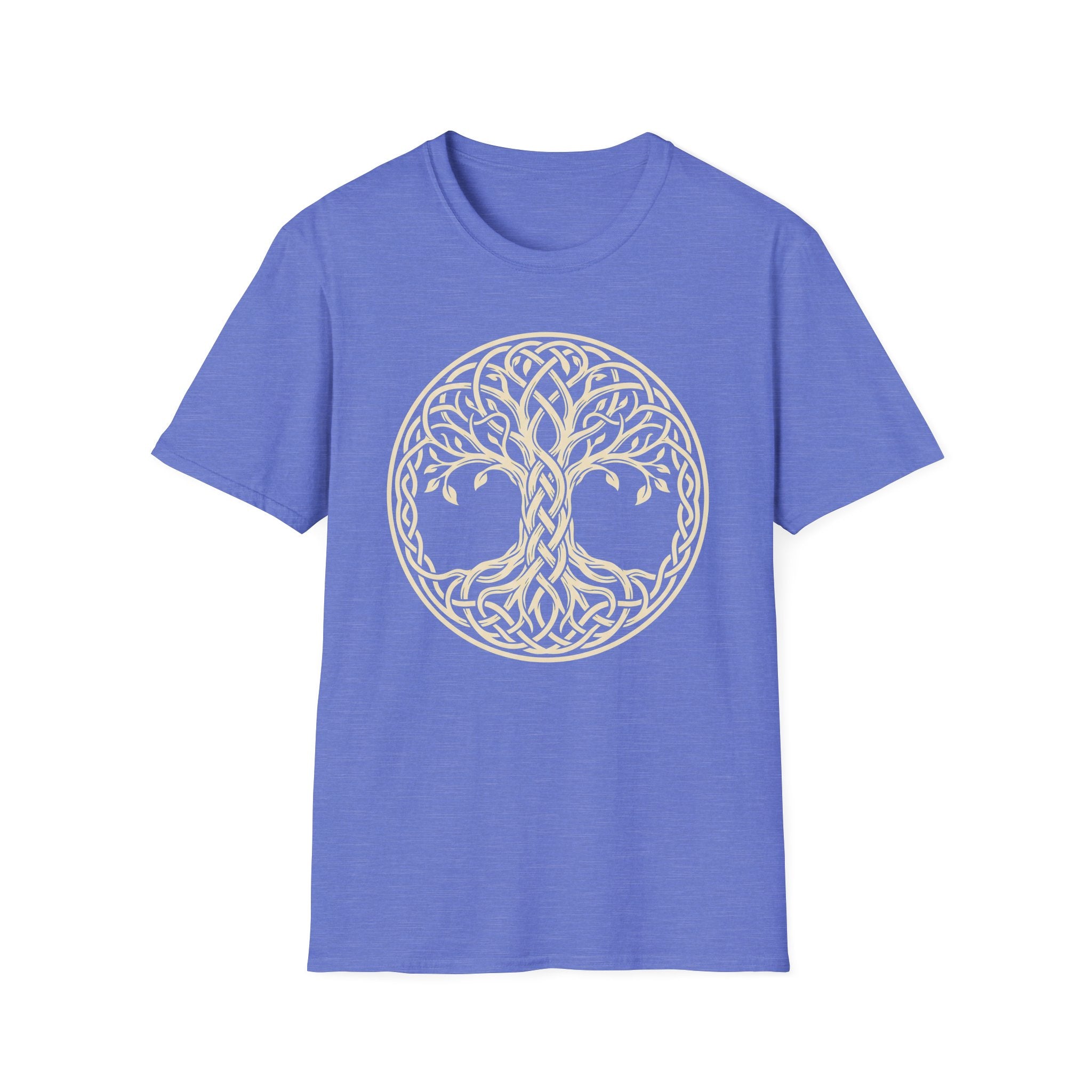 Periwinkle blue T-shirt with light gold Celtic tree of life knotwork circle graphic