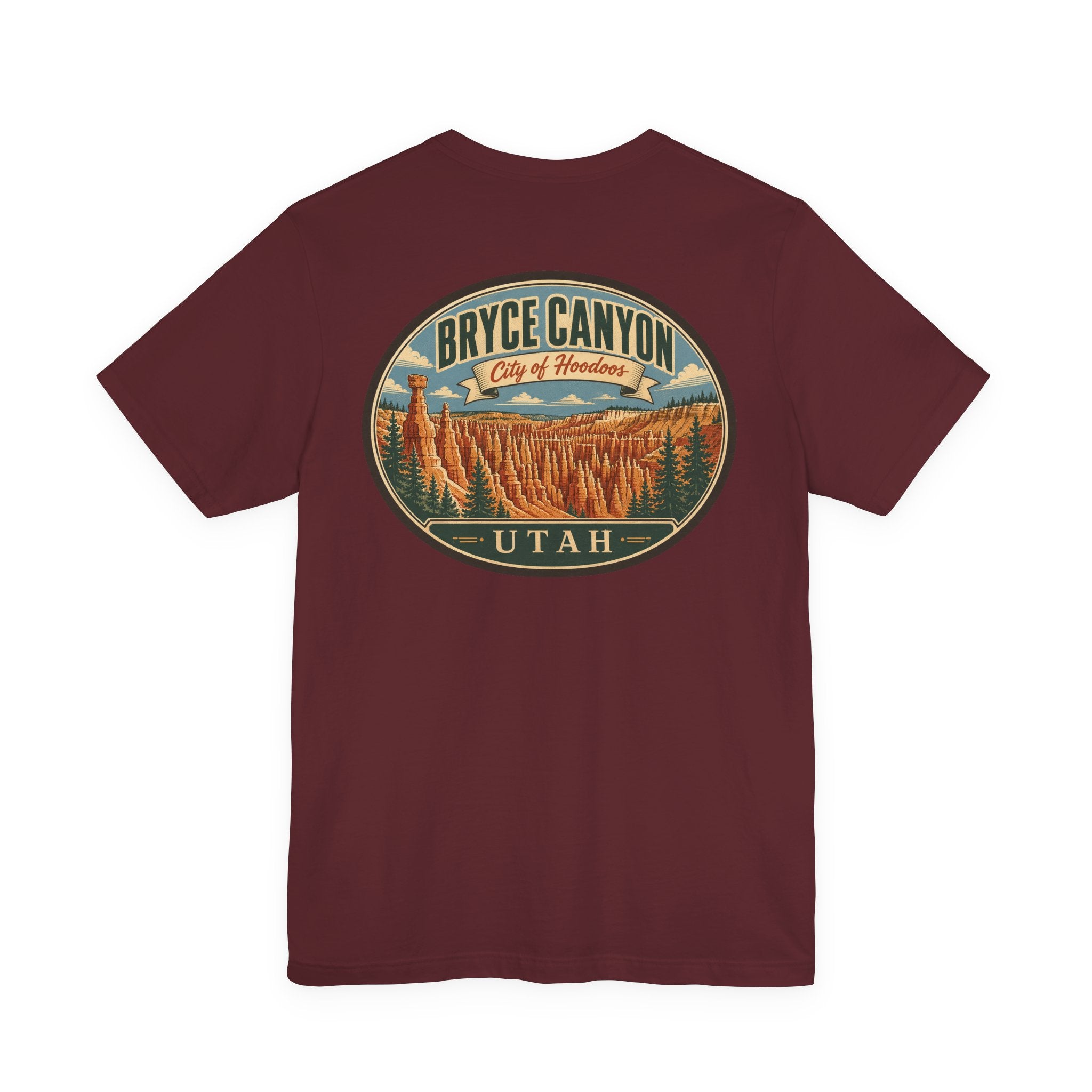 Burgundy T-shirt with large Bryce Canyon Utah round graphic on the chest