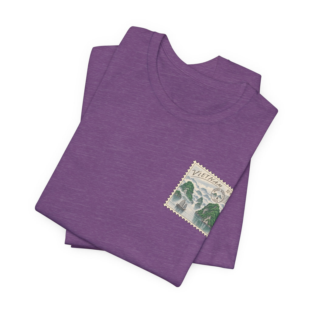 Purple travel t-shirt with Vietnam postage-stamp graphic on chest