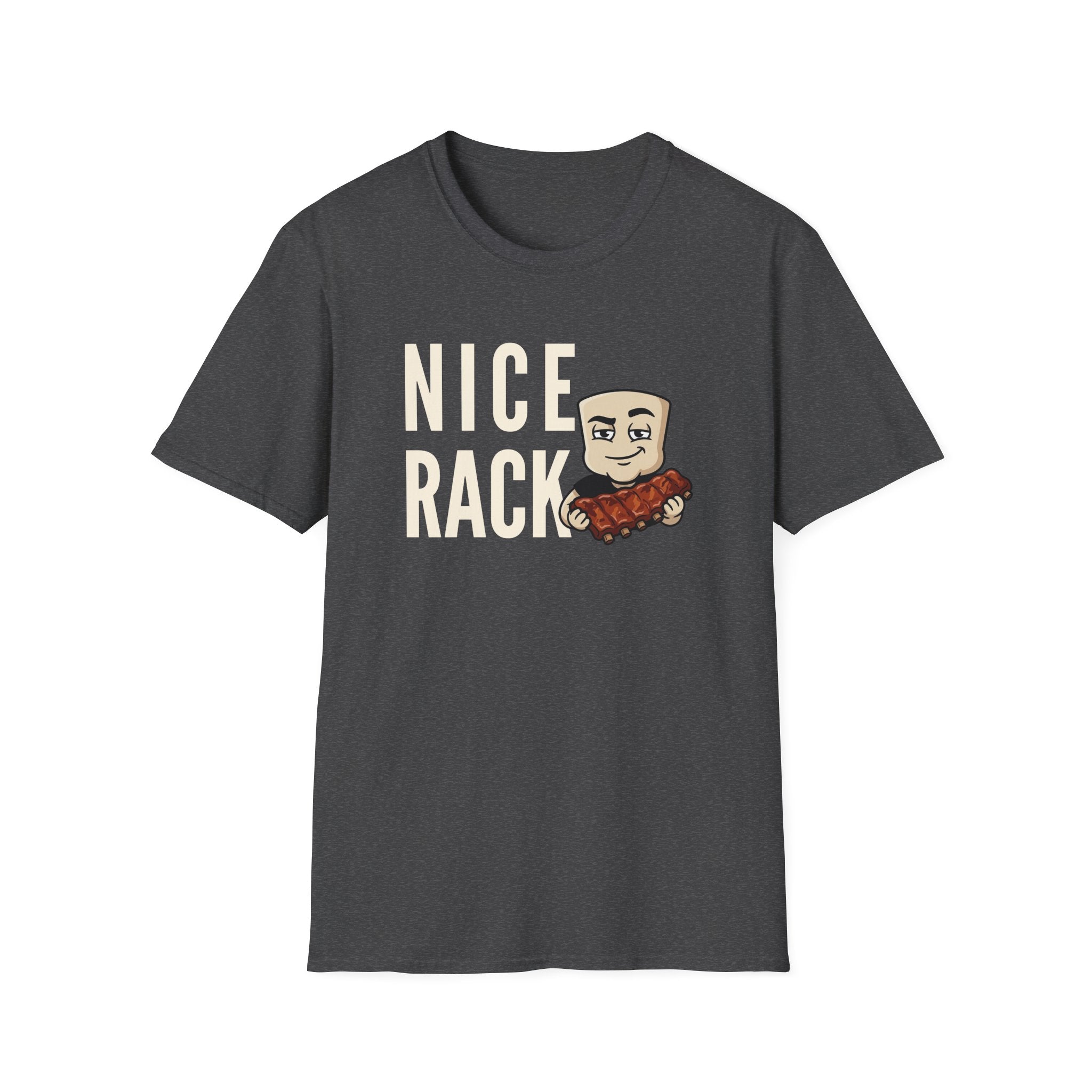 Dark gray T-shirt with “Nice Rack” graphic and cartoon chef holding ribs