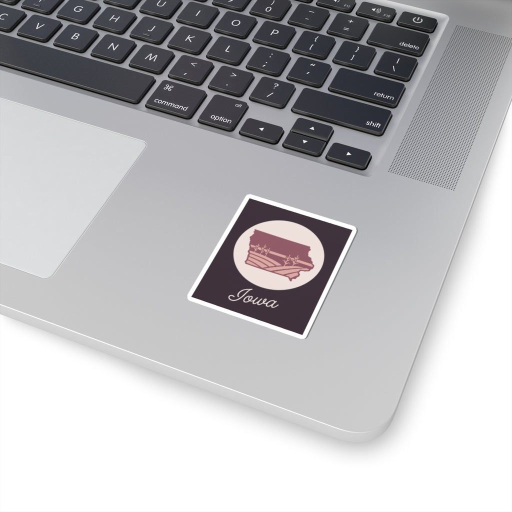 Mauve Iowa state silhouette kiss-cut vinyl decal with square white border and script Iowa