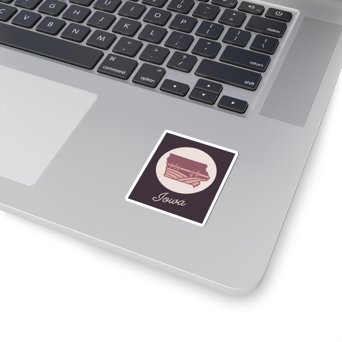 Mauve Iowa state silhouette kiss-cut vinyl decal with square white border and script Iowa