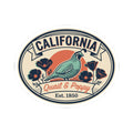 Oval badge-style California sticker with quail and poppy flowers and Est. 1850