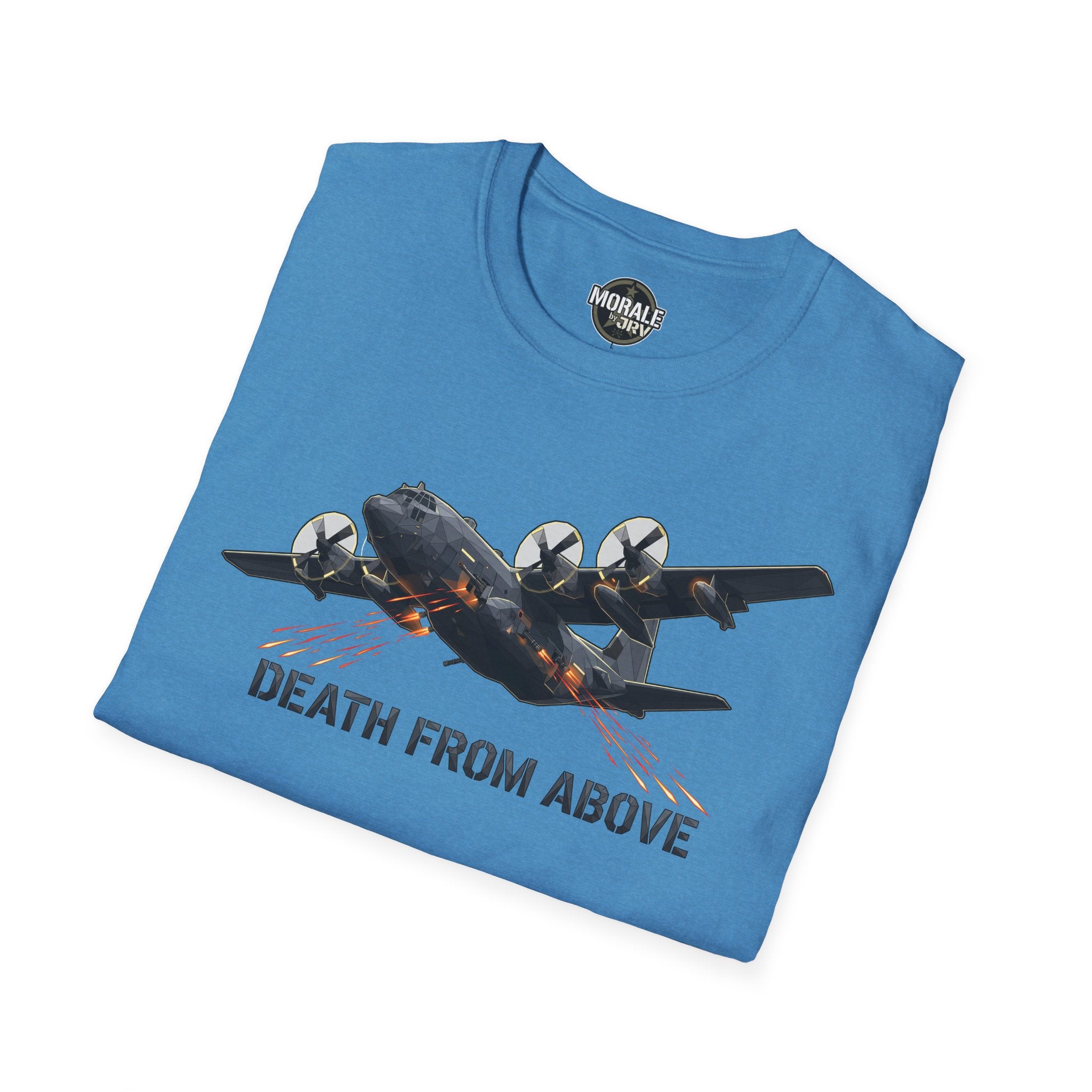 Military plane T-shirt folded front with airplane graphic and fiery detail